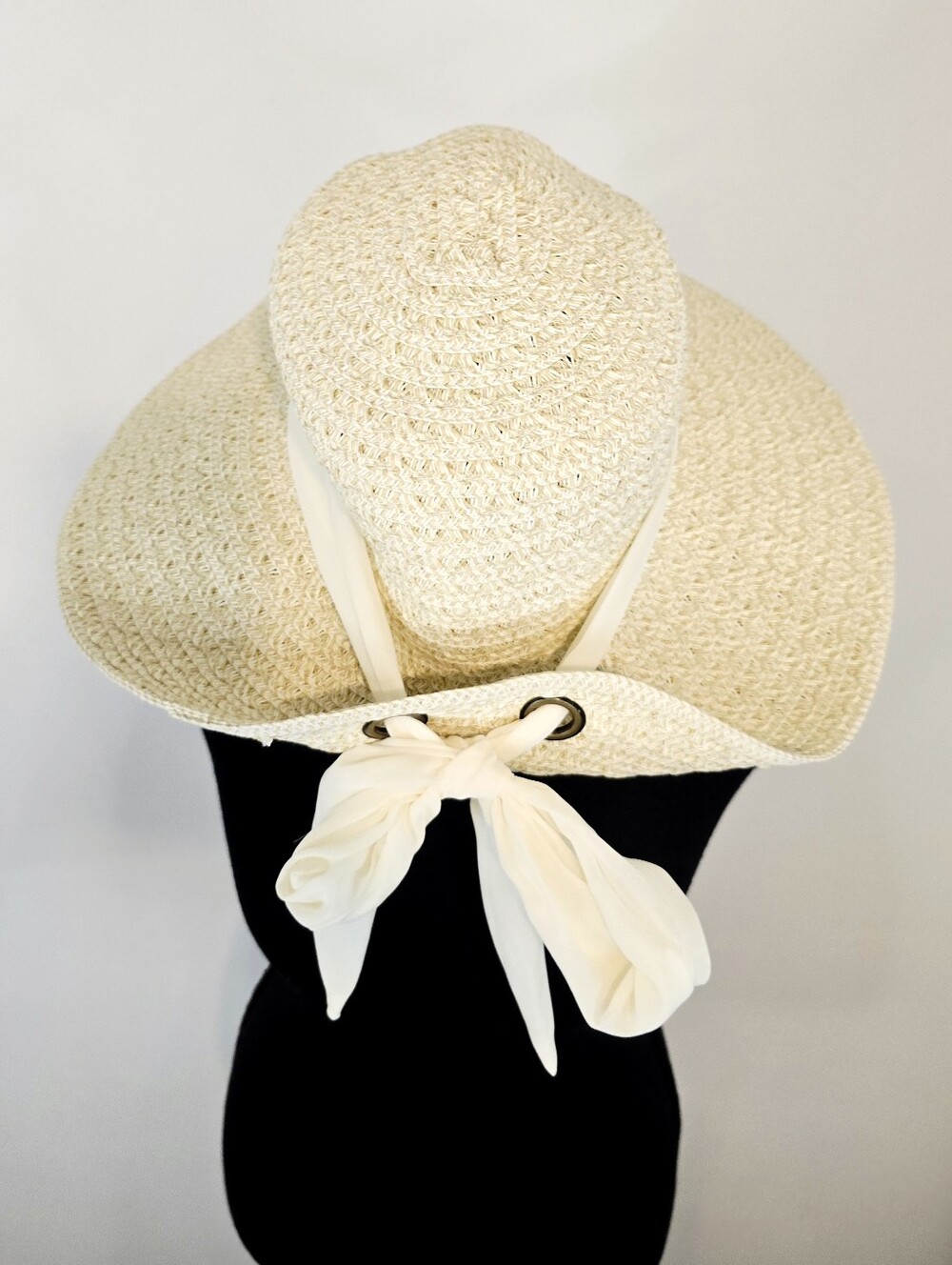 Wide Brim Straw Sun Hat Bow Tie Floppy Beach Resort Coastal Chic Cottage